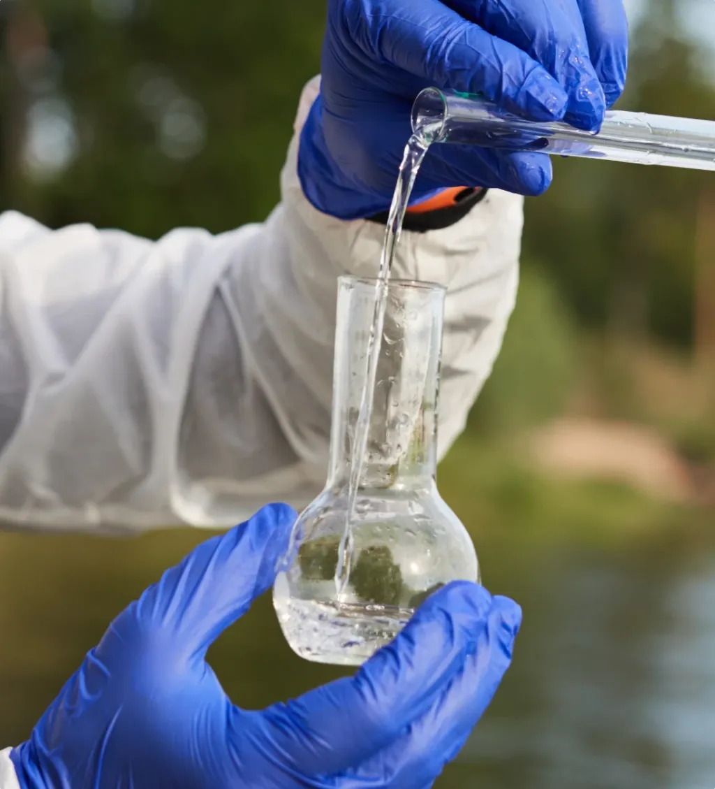 Hand hält ein Reagenzglas mit Wasser, im Hintergrund fließt ein Wasserstrom – Szene eines Wasserreinheitstests.